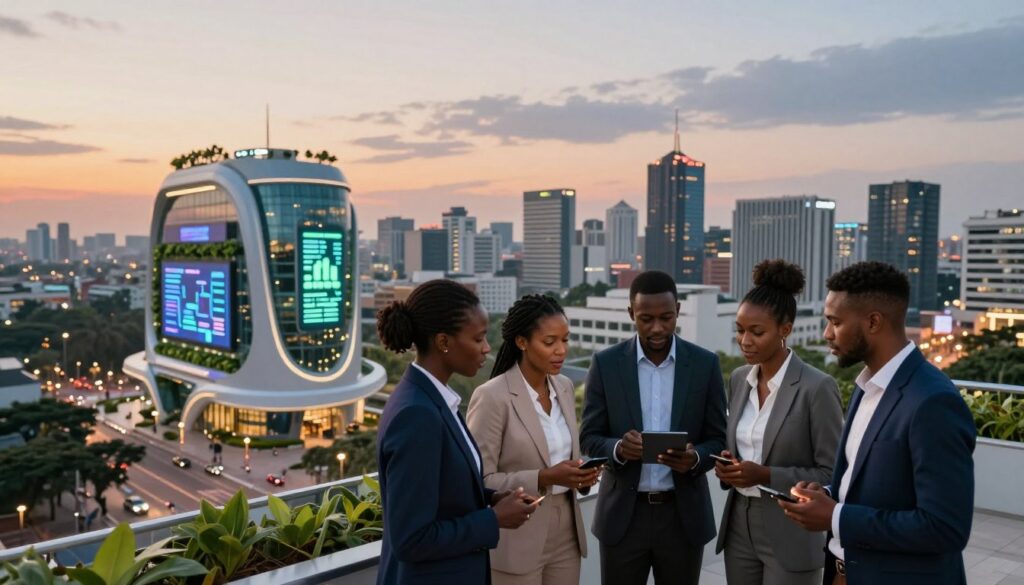 A vibrant and modern African cityscape at dusk, showcasing the digital transformation and tech ecosystem. In the foreground, a diverse group of professionals dressed in smart business attire engaged in discussion around a high-tech device, their expressions displaying enthusiasm. In the middle ground, sleek, futuristic buildings with illuminated screens and greenery, symbolizing innovation and sustainability. The background features a skyline with a mix of traditional and modern architecture, under a dynamic sunset. Soft, warm lighting creates an inviting atmosphere, highlighting the opportunities in the tech sector. The scene is captured from a slightly elevated angle, emphasizing the vibrancy and growth of Africa's investment landscape.