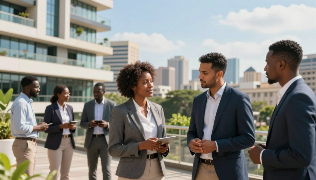 A vibrant business district in Africa bustling with opportunity, showcasing diverse professionals engaged in networking and collaboration. In the foreground, a group of individuals in professional attire — a Black woman in a tailored suit discussing plans with a South Asian man in a smart blazer, while an African man in business casual observes. The middle ground features modern office buildings with greenery, hinting at a blend of innovation and sustainability. In the background, a panoramic view of the city skyline under a bright blue sky, symbolizing growth and potential. Soft, natural lighting casts a warm glow, creating an optimistic and inspiring atmosphere that embodies the spirit of professional growth in emerging hubs.